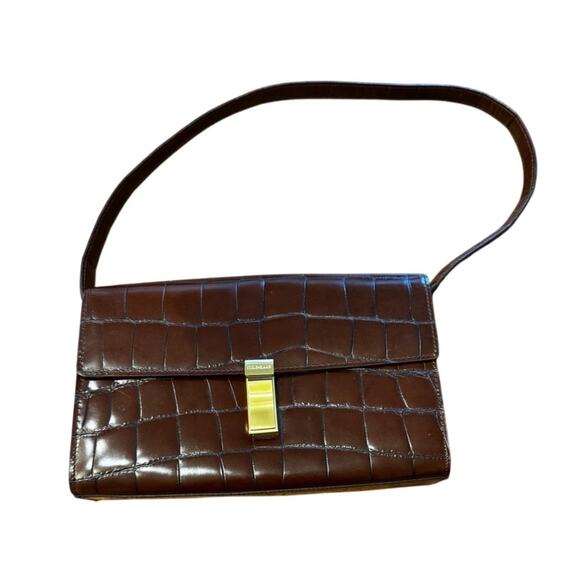 COLE HAAN Vintage Croc-Embossed Leather Shoulder Bag Brown with Gold Hardware - Picture 2 of 6
